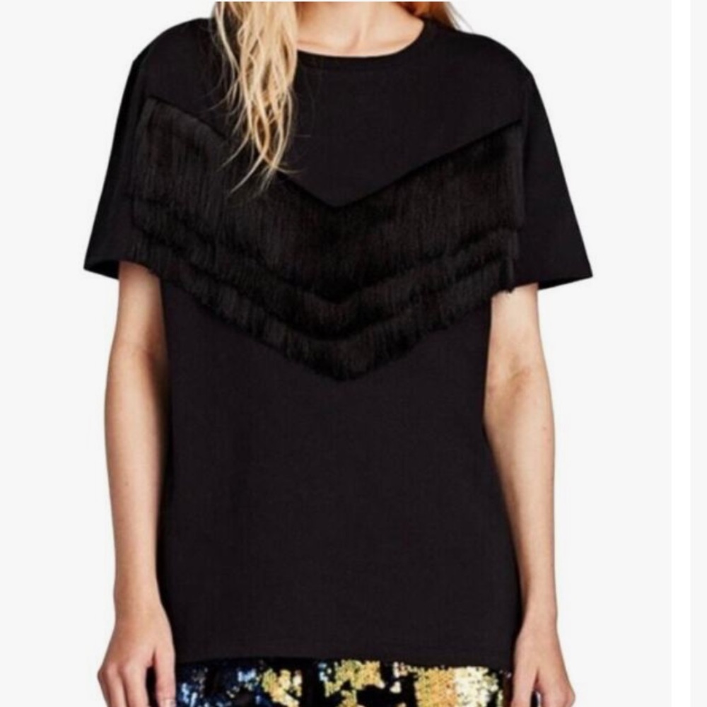 Zara Trafaluc Black Fringe T-Shirt Size M Western Country Wear Cowgirlcore - Picture 5 of 5